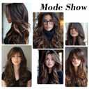 Long Brown Layered Hair Wig with Bangs for Women Synthetic Bombshell Curtain Bang Wig for Women with Blonde Highlight Curly Wavy Dark Brown Mix Blonde Hair for Girls Daily Party Use