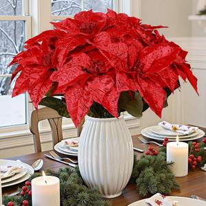 Alupssuc 8 PCS 17in Poinsettia Flowers Artificial, Large Glitter Christmas Flowers, Indoor & Outdoor Faux Poinsettia Bouquet Christmas Decorations for Xmas Tree Vase Table Porch Garden Decor, Red
