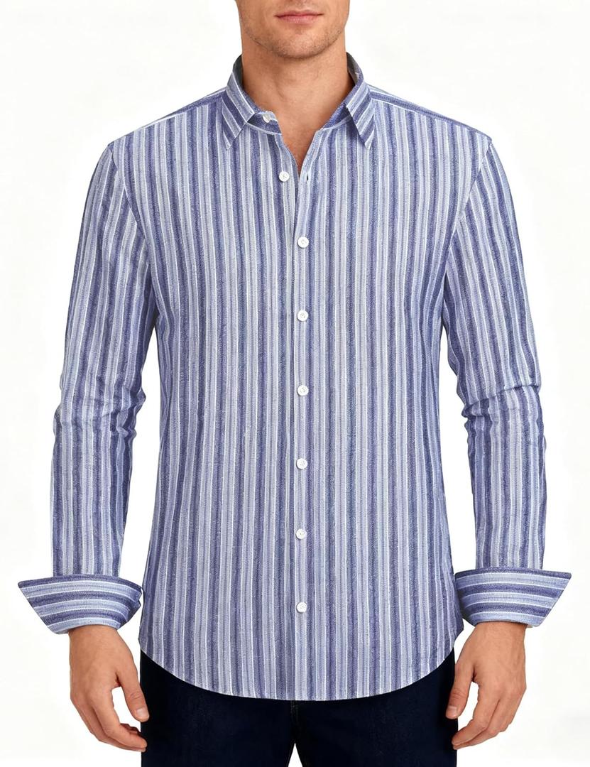Lzzidou Men's Striped Button Down Shirt Cotton Blend Long Sleeve Collared Dress Shirts for Business Work Office Casual Date (Blue)