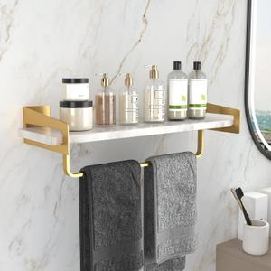 Marble Bathroom Shelf with Towel Bar, 16" Metal Floating Shelf Wall Mount for Bathroom Wall Shelf(Gold)