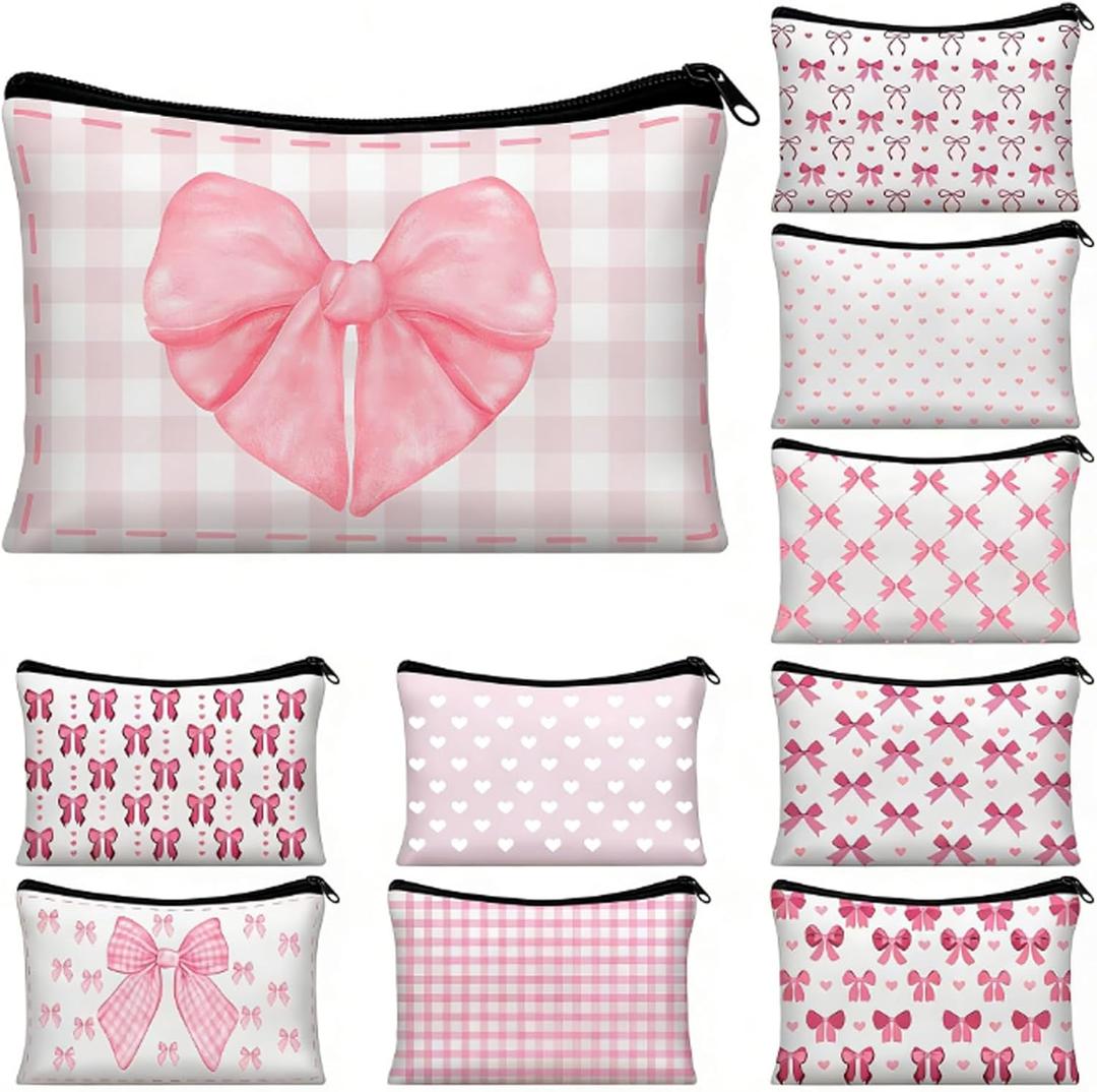 10 Pcs Pink Bow Makeup Bag Coquette Pink Bow Cosmetic Bag for Women Bow Themed Travel Zipper Pouch Coquette Party Favor for Birthday Christmas Graduation