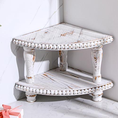 Kigley 2 Tiered Corner Riser for Kitchen Counter Wood Beaded Corner Shelf White Wash Countertop Bathroom Counter Organizer Rustic Decorative Pedestal Stand with Removable Feet for Kitchen Coffee Bar