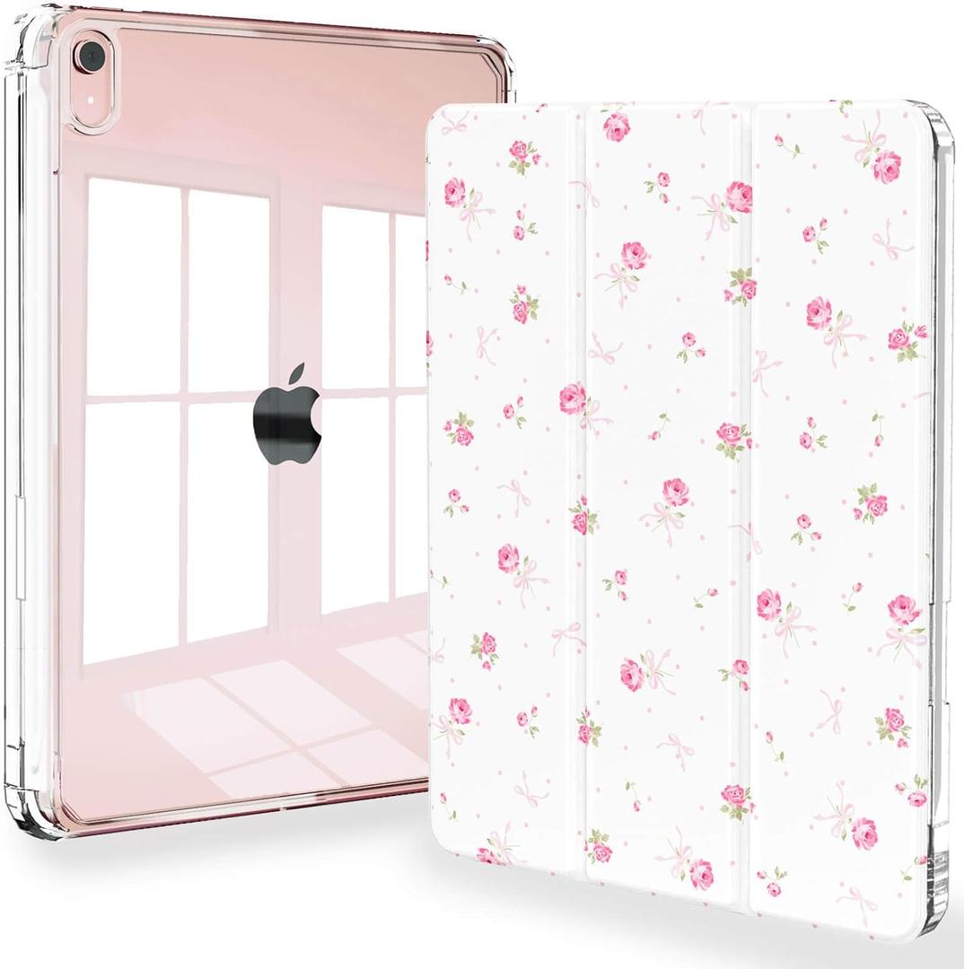 Feams Case for iPad mini 7 A17 Pro 2024/iPad Mini 6 2021, Slim Lightweight Trifold iPad mini 7 A17 Pro Case 8.3 Inch 2024 Clear Back Cover with Pencil Holder & Auto Sleep, Pink Bow Rose