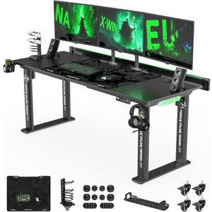 71" Gaming Standing Desk for Gamers & Streamers, 4-Leg Electric Sit Stand Desk with LED Lights, Flip-Top Cable Management, Stable Computer Desk with Wheels