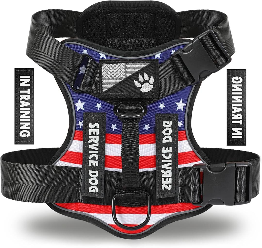 Demigreat Service Dog Harness, Reflective Dog Vest Harness with 5 PCS Patches, Adjustable Soft Oxford Pet Harness, Inner Layer Mesh, Easy to Control for Dogs (USFLAG, X-Small (Pack of 1))