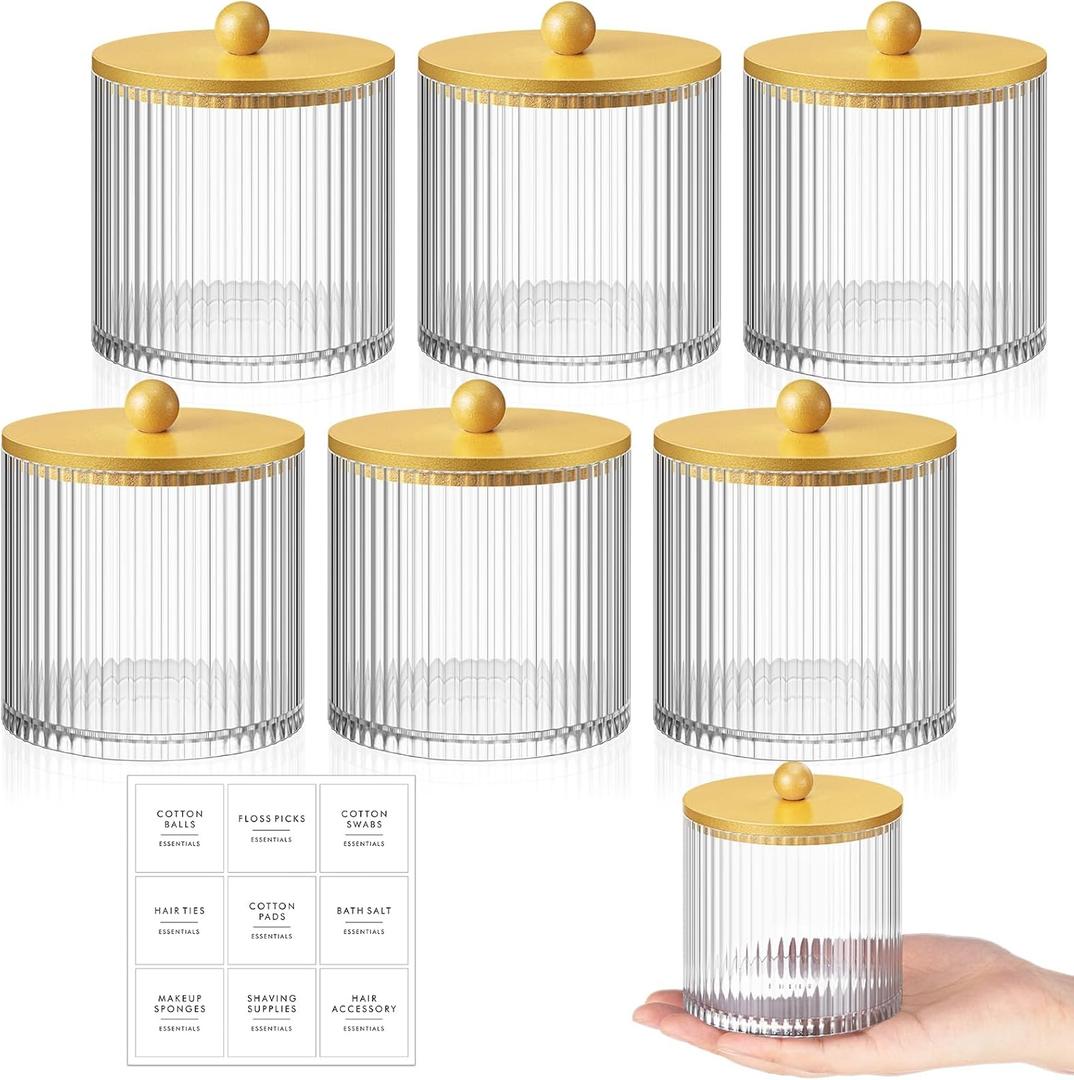 Yaomiao 6 Pcs Ribbed Bathroom Canisters Apothecary Jars with Golden Bamboo Lids and Label Stickers, 18 oz Plastic Canister with Fluted Design for Cotton Ball, Swab, Floss Picks House Storage