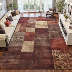 DweIke Washable Area Rugs 5x7 for Living Room, Modern Geometric Red Soft Patchwork Carpet, Non-Slip Stain Resistant Throw Rug for Bedroom Dining Room Office Home Decor
