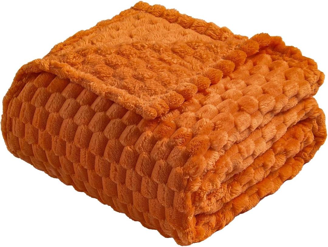 Flannel Fleece Throw Blanket, 3D Jacquard Burnt Orange Fuzzy and Warm Blanket 70x100 Inch