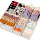 6 Pack Sock Underwear Drawer Organizer Dividers, 58 Cell Foldable Fabric Dresser Closet Organizers and Storage Bins for Clothing, Baby Clothes, Bra, Panty, Scarf, Ties (Beige)