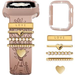Engraved Band + Charms + Case for Apple Watch Band 38mm 40mm 41mm 42mm 44mm 45mm Women, Soft Silicone Flower Sport Straps with Protective Glitter Bumper for iWatch Series 9 8 7 6 5 4 3 2 1 SE (Milk Tea+ Gold Love)