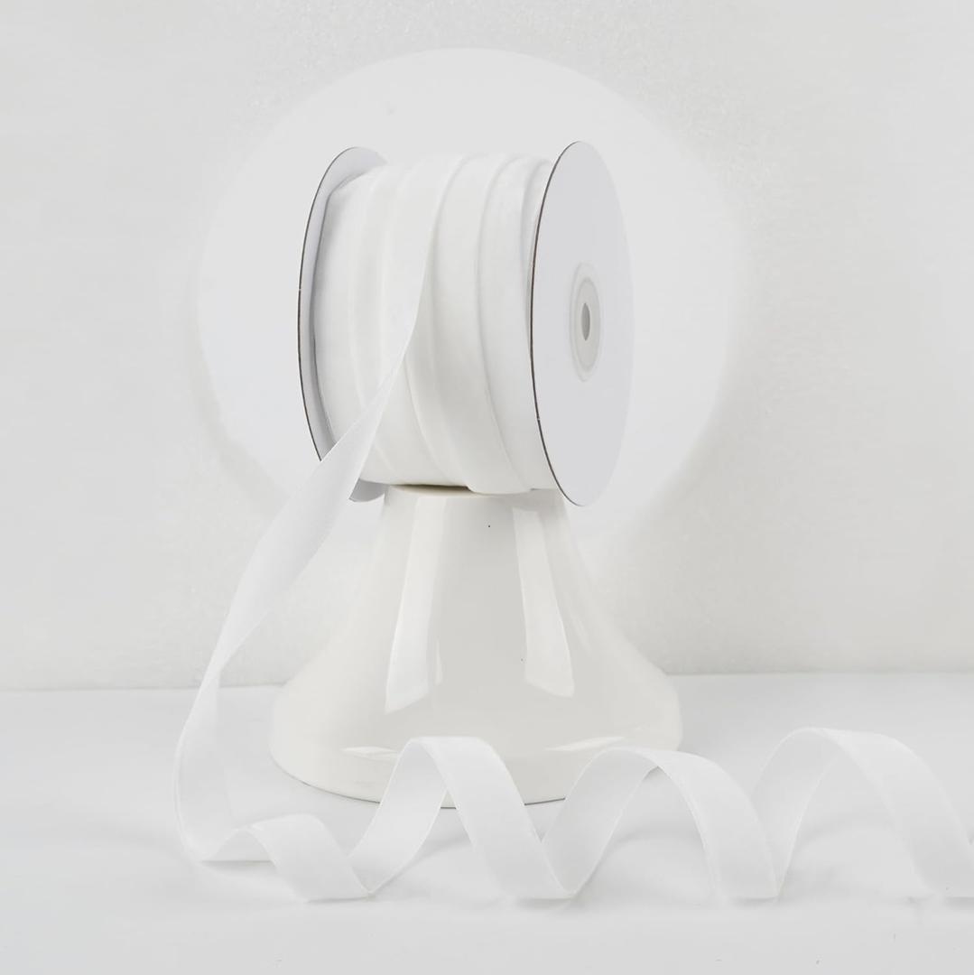 MEEDEE Thin White Velvet Ribbon 5/8 Inch Single Face Nylon Velvet Ribbon 25 Yards White Velvet Ribbons for Christmas Tree, Ornaments, Gift Wrappig, Rustic Wreath, Invitations, Bouquet, Sewing Crafts