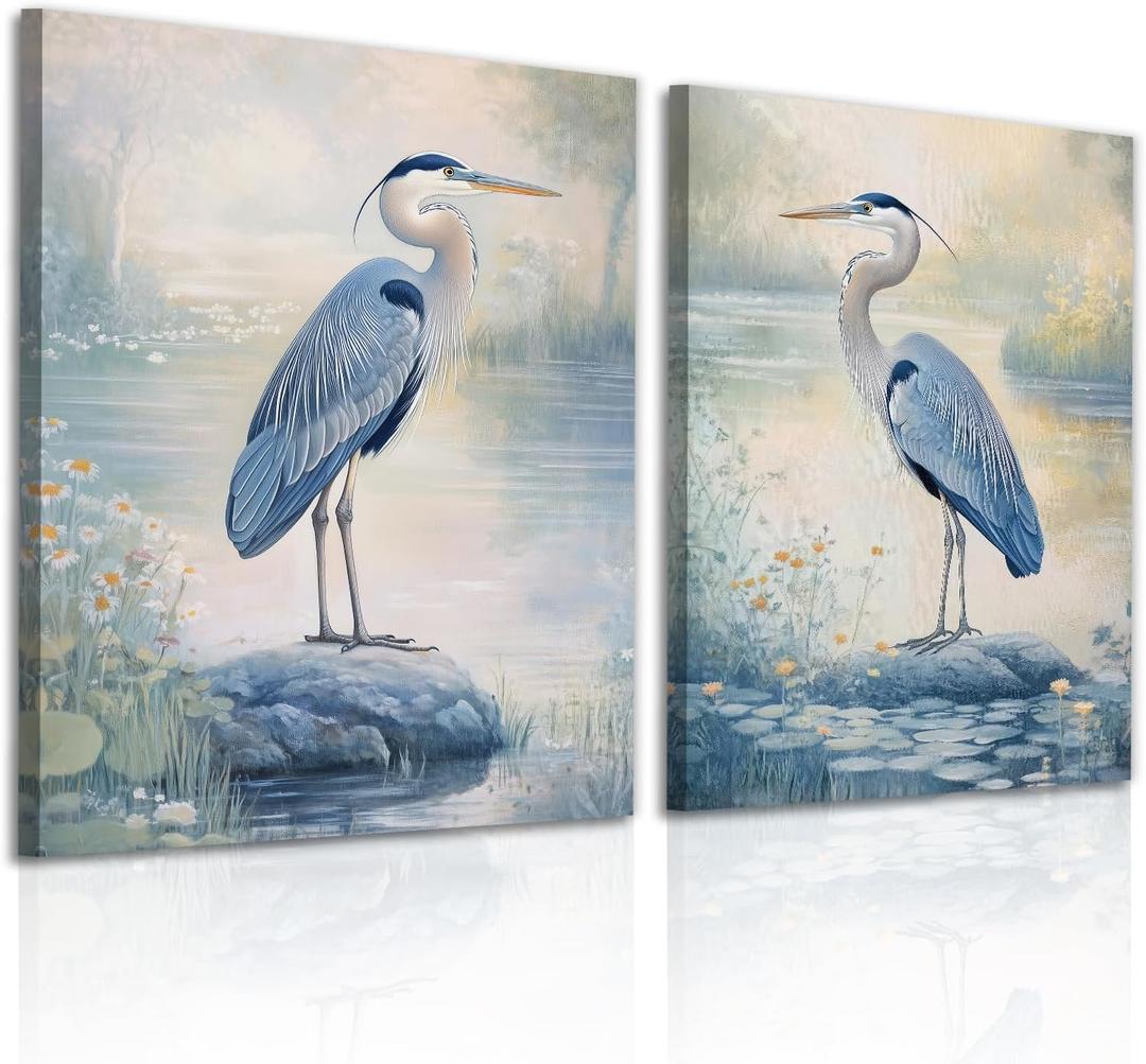 OAAPITI 2 Pcs Blue Heron Wall Art Watercolor Birds Canvas Print Nature Inspired Art for Living Room Coastal Home Decor, 24"L x 16"W