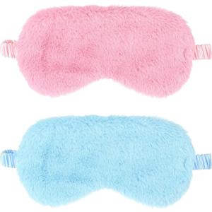 2 Pcs Plush Eye Mask Soft Sleeping Blindfold Eye Cover Comfortable Furry Faux Fur Sleeping Mask Satin Nap Night Eyeshade Cover for Women Men Gift (Blue, Pink)