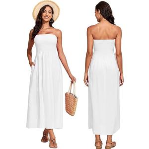 Capuffy Women's Strapless Boho Beach Dress Sleeveless Tube 2025 Summer A Line Sundress with Pockets Flowy Swing Maxi Dress 33 XL White