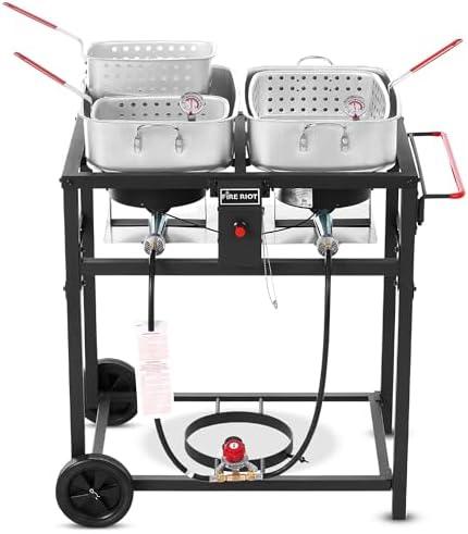 Fire Riot Deep Fryer with Double Burner Propane Stove Outdoor - 2-18QT Aluminum Pots & Frying Baskets- Perfect for fish fryers, Wings, Fries, Cajun Fry