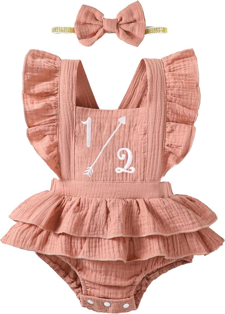 Baby Girls Half Birthday Outfit Infant 1/2 Birthday Clothes Romper Half Way to One Bodysuit (Pink) 6-12Y