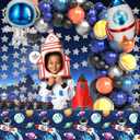 Outer Space Birthday Party Decorations 96PCS Set with Backdrop, Table Cover, Star Garland, Rocket & Astronaut Foil Balloons, Cake Topper, Latex Balloons for Kids Party