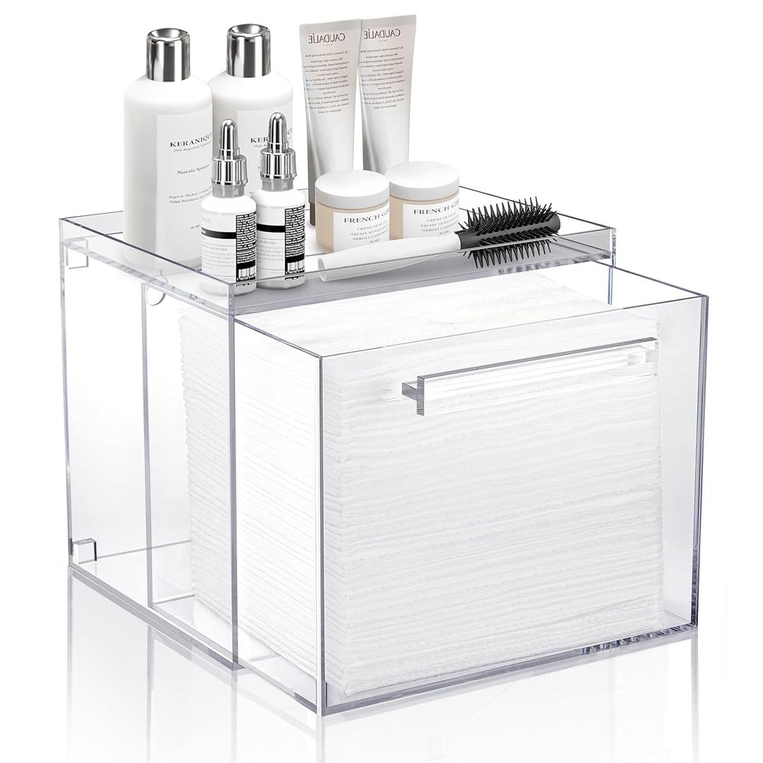 Disposable Facial Towel Storage Box - Acrylic Container Compatible With Clean Skin Club Clean Towel XL - Wall-Mounted Makeup Organizer With Drawer (Excluding Facial Towels) (Clear)
