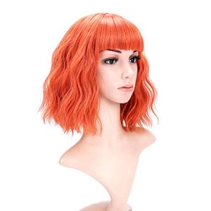 VCKOVCKO Short Bob Wigs Pastel Wavy Wig With Air Bangs Women's Shoulder Length Wigs Curly Wavy Synthetic Cosplay Wig Pastel Bob Wig for Girl Colorful Costume Wigs (12", Orange)