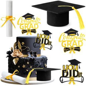 SiliFine 4 Pcs Congrats Grad Cake Topper Includes You Did It Cake Topper Felt Graduation Cap with Tassel Diploma Decoration for 2026 Senior School University College Graduation Party Supplies(Black)