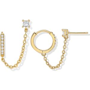 Double Piercing Chain/Stud Earrings for Women 18K Gold Plated S925 Sterling Silver Dangle Chain Huggie Hoop Earrings with Cubic Zirconia Stones Simulated CZ Earrings