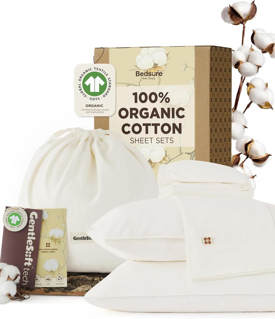 Bedsure 100% GOTS Certified Organic Cotton Sheets, King Size Sheets Set, 17" Deep Pocket Bedsheets with Corner Straps, Eco-Friendly, Soft, Breathable & Luxury PureWoven Cotton Hotel Bedding, Ivory