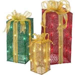 National Tree Company lit Artificial Christmas Dcor 3-Piece Set Includes Pre-Strung White Mini Lights Sisal Gift Boxes