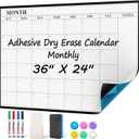 MaxGear 36"x24" Adhesive Dry Erase Calendar Monthly Whiteboard for Wall, Office, Classroom, Home, Drill-Free Installation, 1 Marker Holder, 4 Markers, 1 Eraser, 6 Magnets, Smooth Writing & Erasing