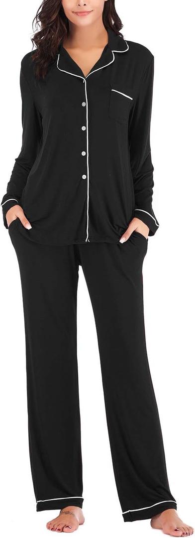 Aamikast Women's Pajama Sets Long Sleeve Button Down Sleepwear Nightwear Soft Pjs Lounge Sets, Black XXL