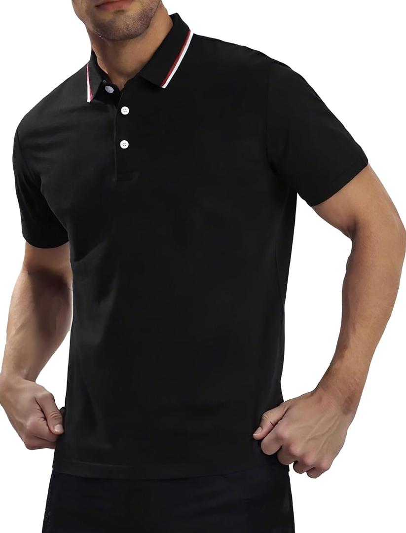 MagnaMan Slim Fit Short Sleeve Polo Shirts for Men - Cotton, Business Casual Stretch Shirt, Breathable Golf & Office Wear (Small, True Black)
