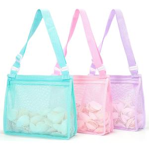 Tagitary Beach Toy Mesh Beach Bag Sand Toy Seashell Bag for Holding Shells Pool Bag with Zipper Swimming Accessories for Kids Boys and Girls(Only Bags,A Set of 3) (Rose Pink+Lilac Purple+Aruba Blue)