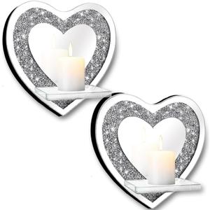 Set of 2 Crystal Crush Diamond Candle Sconces, Gorgeous Silver Mirrored Wall Sconce, Candle Holder Glass Wall Decorations for Home Dcor, Living Room, Dining Room.Heart Shaped