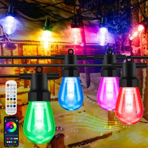 50ft Outdoor String Lights Color Changing - Dimmable RGBW Smart Patio Lights with 20 Bulbs, Waterproof Shatterproof, Music Mode, Connectable, Remote & App Control for Halloween, Christmas