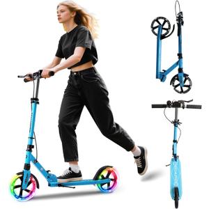 Kick Scooter for Kids Ages 8+ Teens & Adults, with Front handbrake and Rear Brake, and Adjustable Handlebars, Big Sturdy PU Flash Wheels Great Gift & Toy