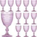 Vintage Glasses Set of 12, 10 oz Glass Goblets Glassware, Romantic Wedding Glass Set, Drinking Stemware Beverage Cups for Wedding Party Bar, Embossed Design, Purple