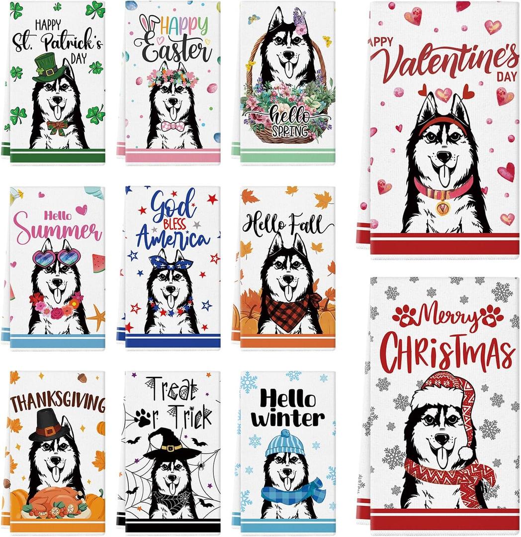 11 Pcs Husky Kitchen Towels 14x21 Inch Puppy Dog Dish Towels Seasonal Christmas Mother Day Gift Holiday Hand Towels for Home Kitchen Bathroom Decoration