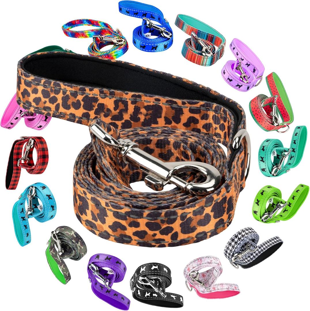 EcoBark Dog Leash - Soft & Reflective Comfort Leashes with Padded Handle - Safe, Strong, & Durable for Small, Medium or Large Dogs (Cheetah) (5 ft x 1 in - Standard Width)