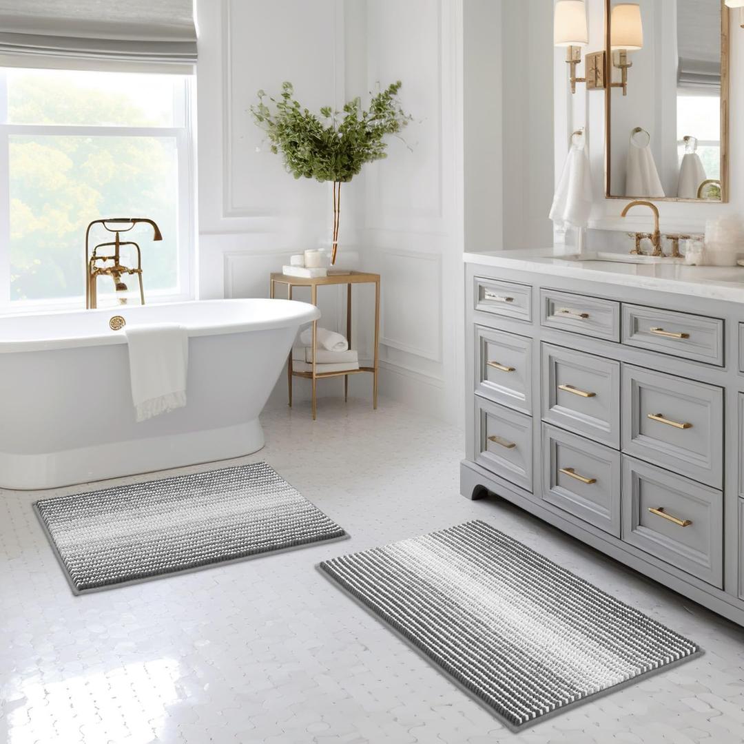 BSICPRO Bathroom Rugs and Mats Sets, 2 Piece Thick Absorbent Chenille Bath Mat Rug Set Non Slip, Soft Shaggy Room Floor for Bathroom, Machine Washable (20" x 32" Plus 16" 24", Gray) (Grey)