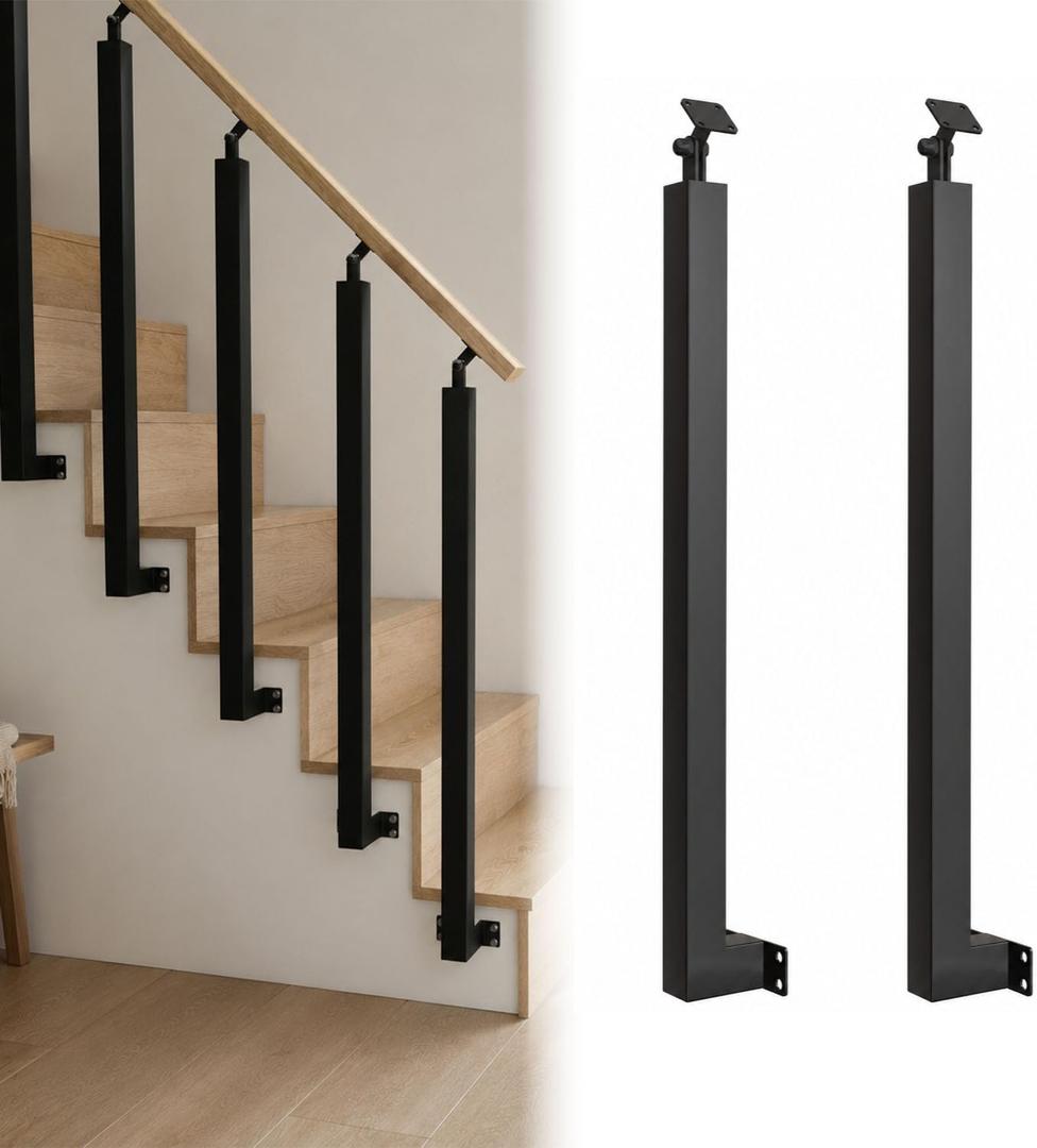 Side Mount Stair Railing Post 35.4in 2-Pack, Ultimate Heavy-Duty Iron Handrail Posts with 270 Adjustable Bracket, Easy Side Mount Installation for Indoor Stairs, Deck, Porch & Balcony