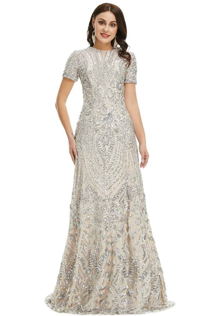 Women's Short Sleeves Sequins A-Line Formal Evening Dress, Size 16