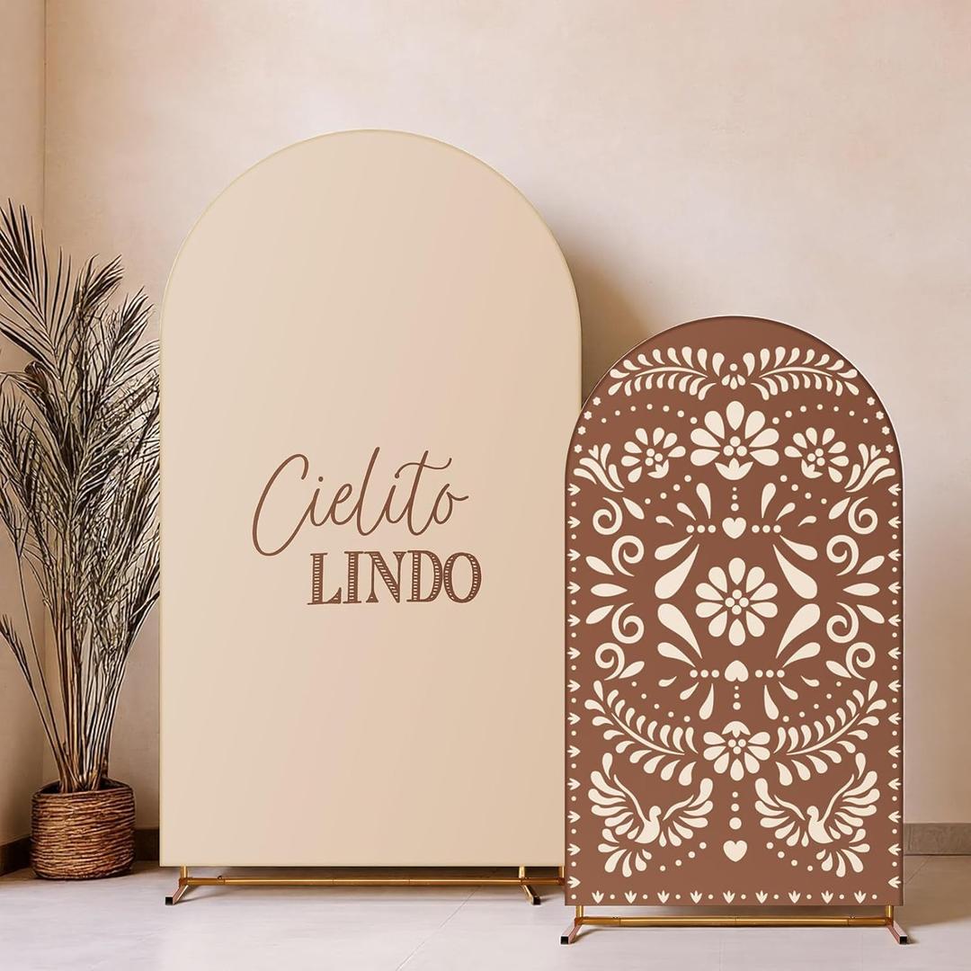 Mindsoft 2 Pcs Cielito Lindo Arch Backdrop Cover 6ft and 7.2ft Spandex Stand Cover for Mexican Baby Show Birthday Wedding Bridal Shower Party Decorations, Brown, 2.6 x 6 ft and 4 x 7.2 ft