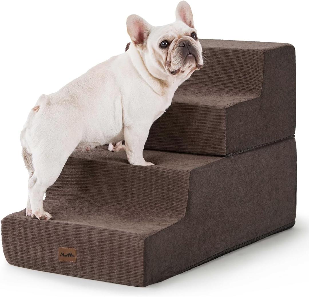 Made4Pets Dog Steps for Bed, Extra Wide Dog Stairs for High Bed Couch Sofa, 35D Foam Pet Steps for Small Dogs and Cats(Up to 40lbs), Non-Slip Bottom Pet Stairs, Brown, 4 Steps (28"x16"x18"H)
