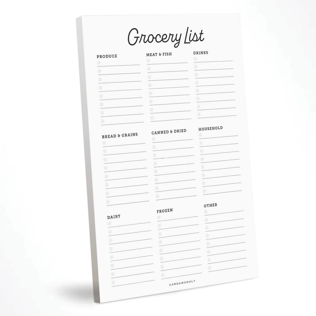 CARDAMONOLY Grocery List Notepad - 6 x 9 Inches - 50 Tear Off Sheets - Minimalist Black and White Shopping List Pad - Kitchen Essentials List - Apartment Essentials List