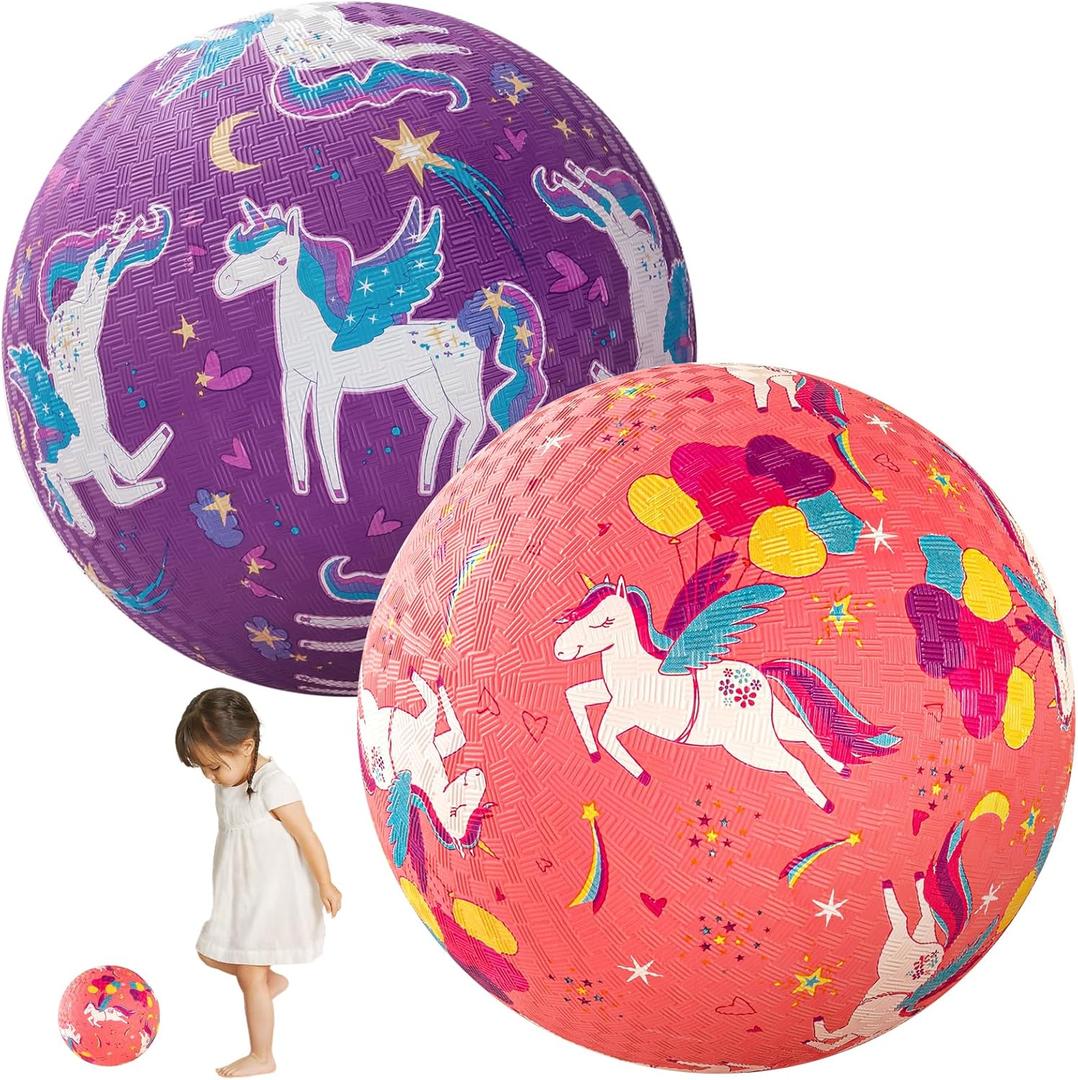 PlayZap 2 Pack Playground Balls for Toddlers, Unicorn Kickballs for Kids 3-12, 8.5" Rubber Bouncy Balls with Pump, Indoor & Outdoor Dodgeball Toys for Boys & Girls Gifts