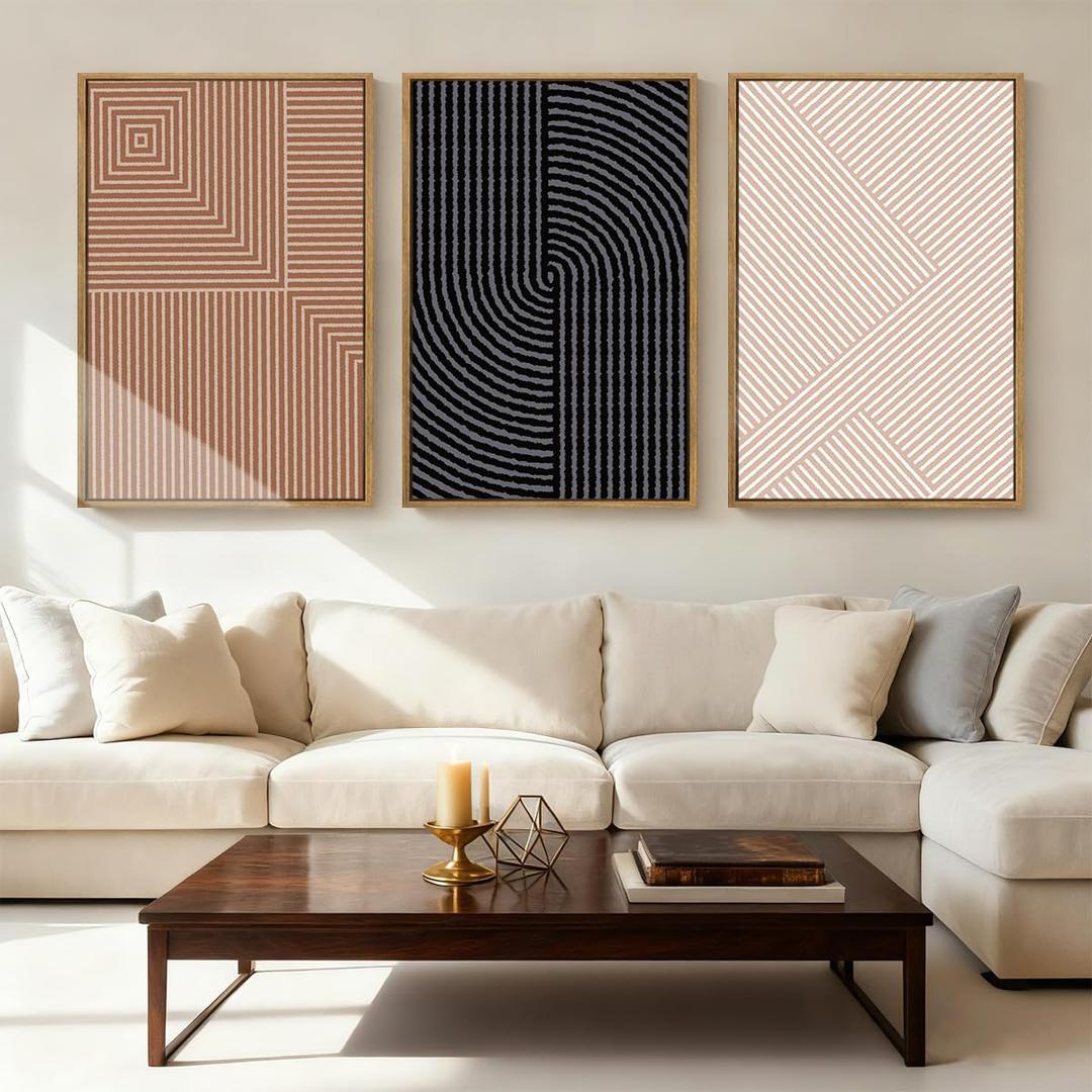 ANHUIB Neutral Abstract Modern Canvas Wall Art Set of 3 Framed Black and White Beige Wall Decor Boho Minimalist Artwork for Walls Geometric Line Painting for Living Room Bedroom Office 16x24 Inch