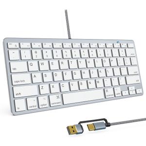 Ultra-Slim Wired Keyboard for Apple, USB & Type-C Conversion Cable, 78 Scissor Keys, Media Hotkeys, Compatible with MacBook, iMac, Mac mini, Mac Pro, Laptop Computers, Windows Desktop PC, Silver