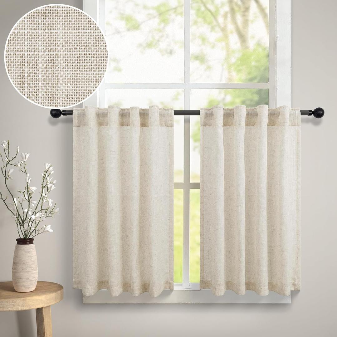 Primitive Kitchen Curtains for Small Windows 30 Inch Length 2 Tier Panels Back Tab Pocket Tan Beige Burlap Colored Cloth Canvas Textured Thick Sheer Linen Cafe Curtain for Bathroom Closet Door 30 Wide
