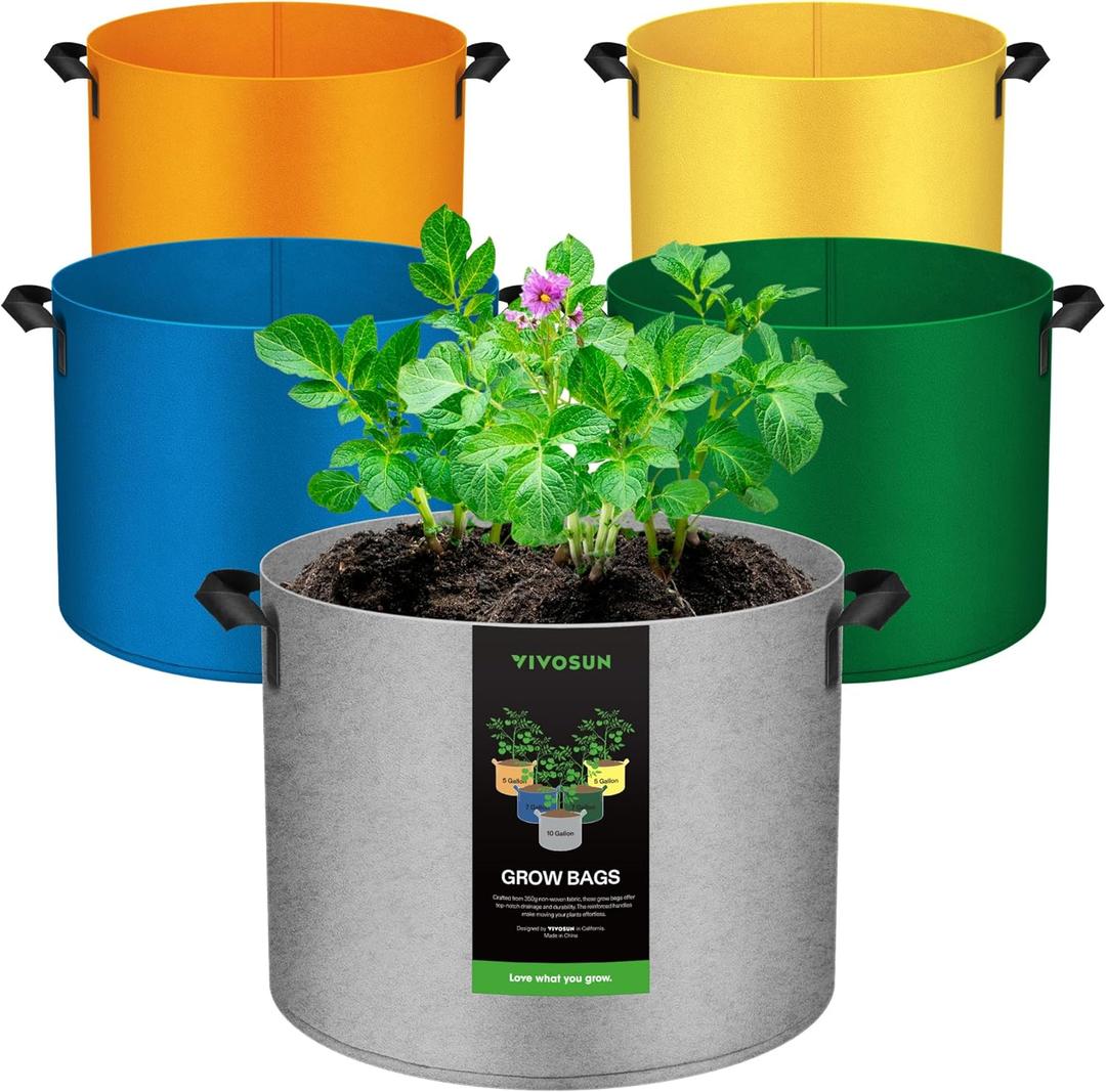 VIVOSUN 5-Pack 5Gal*2/7Gal*2/10Gal Colored Grow Bags, 350G Thick nonwoven Fabric Pots with Handles for Flowers, Fruits and Vegetables