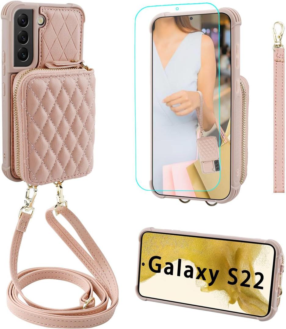 MONASAY Zipper Wallet Case Fit for Galaxy S22 5G 6.1in, [Screen Protector ][RFID Blocking] Flip Leather Handbag Phone Cover with Card Holder Crossbody Shoulder Lanyard Strap, Rosegold