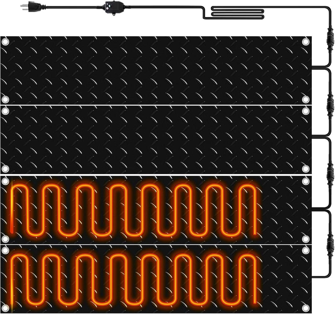 Riakrum 4 Pcs Heated Snow Melting Mats Outdoor, 10 x 48 in Winter Anti-Slip Heated Rubber Mat for Walkways Decks and Sidewalks, Electric Snow and Ice Melting Pads Connection with 9.84 ft Power Cord
